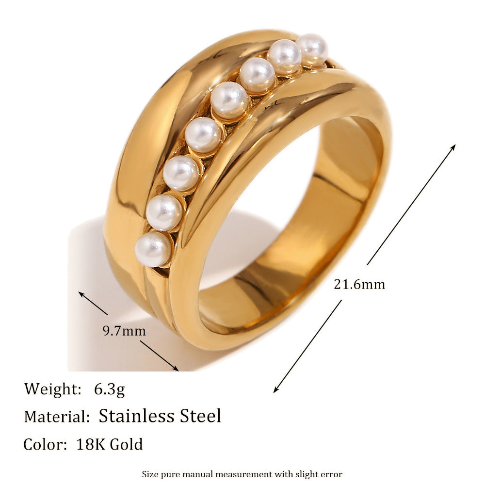 Vintage Elegant Geometric Gold Plated Stainless Steel Ring with Pearl Center for Women