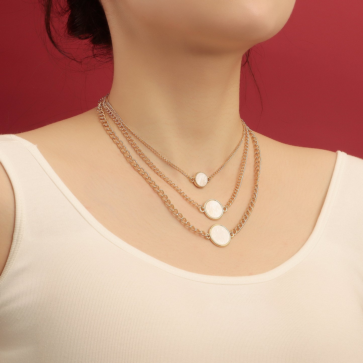Geometric Style White Mother-of-Pearl Look Pendant Necklace for Women with Zinc Alloy Base and Electroplated Finish