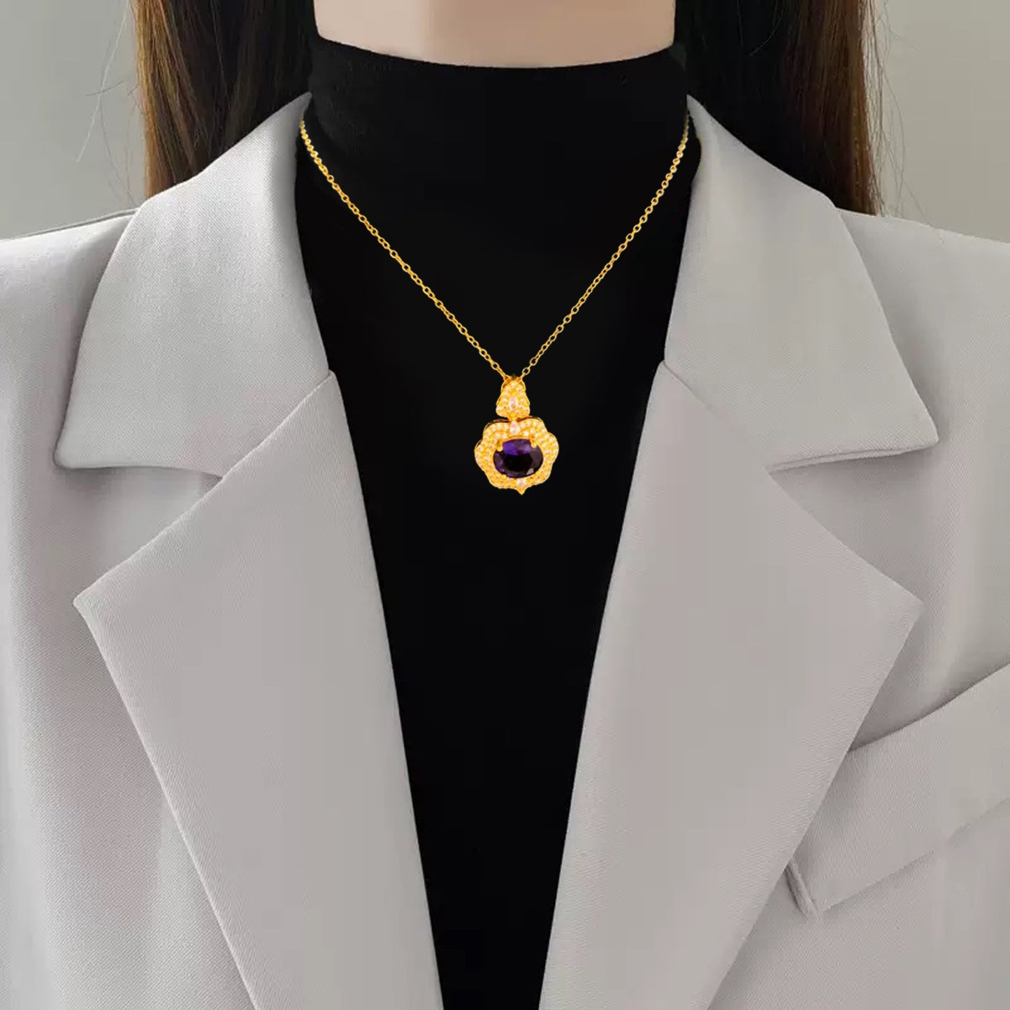 Sweet Sporty Purple Cubic Zirconia Heart Fruit Pendant Titanium Steel Necklace Cable Chain