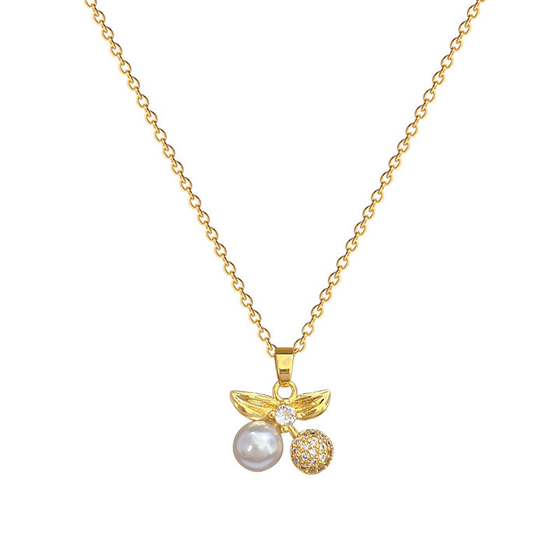 Set Minimalista di Collana e Orecchini a Ciliegia in Acciaio al Titanio con Intarsi di Strass da Donna