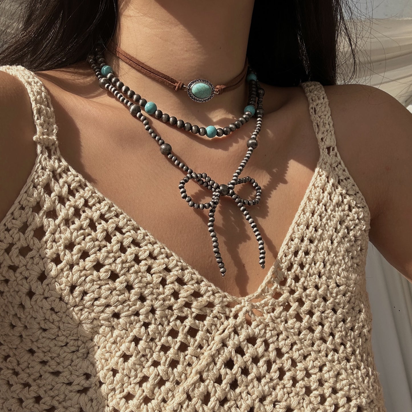 Bohemian Vintage Bowknot Beaded Necklace with Faux Turquoise Alloy Plated Multi-layer Chain for Women