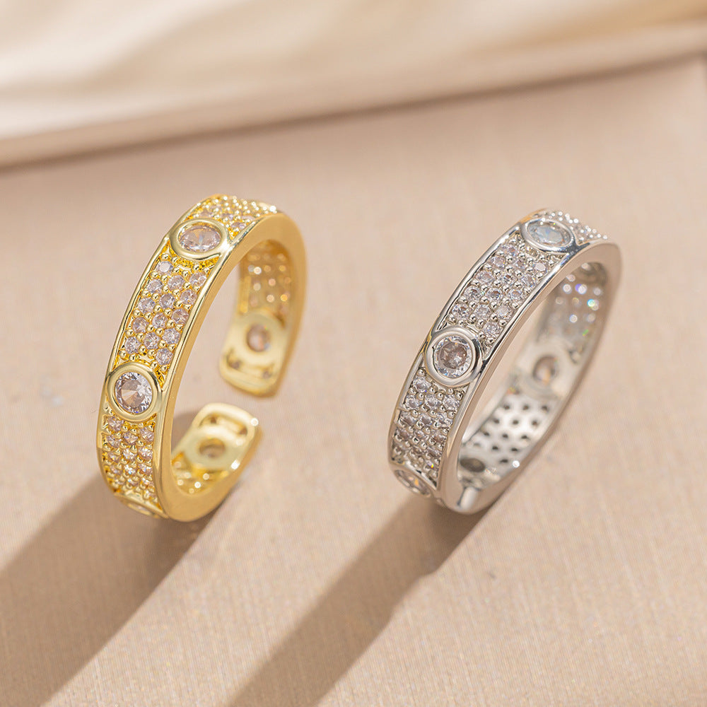 Luxury Minimalist Adjustable Open Ring for Women with Gold-Plated Copper Band and Zircon Stone Accent in Heart and Floral Shape