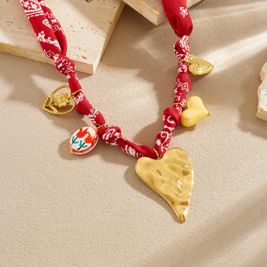 Bohemian Vintage Heart Floral Ceramic Plated Stainless Steel Pendant Necklace Set for Women
