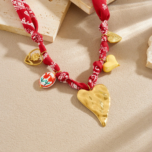 Bohemian Vintage Heart Floral Ceramic Plated Stainless Steel Pendant Necklace Set for Women