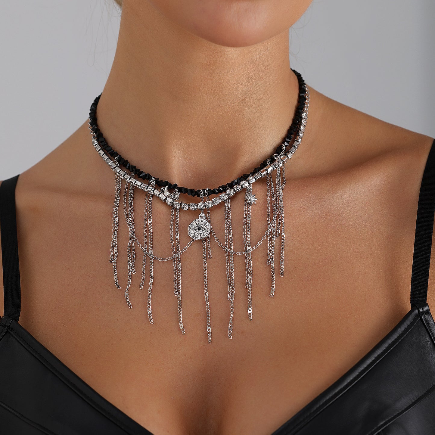 Gothic Streetwear Geometric Alloy Evil Eye Rhinestone Pendant Necklace with Tassel for Women