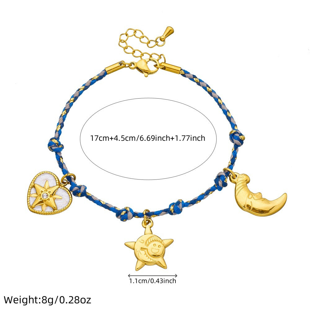 Vintage Bohemian Plated Stainless Steel Heart Star Moon Charm Bracelet for Women