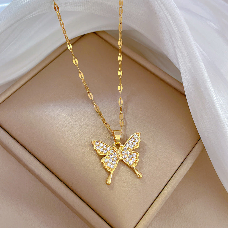 Luxury Titanium Steel Butterfly Geometric Pendant Necklace for Women and Men Lip Chain