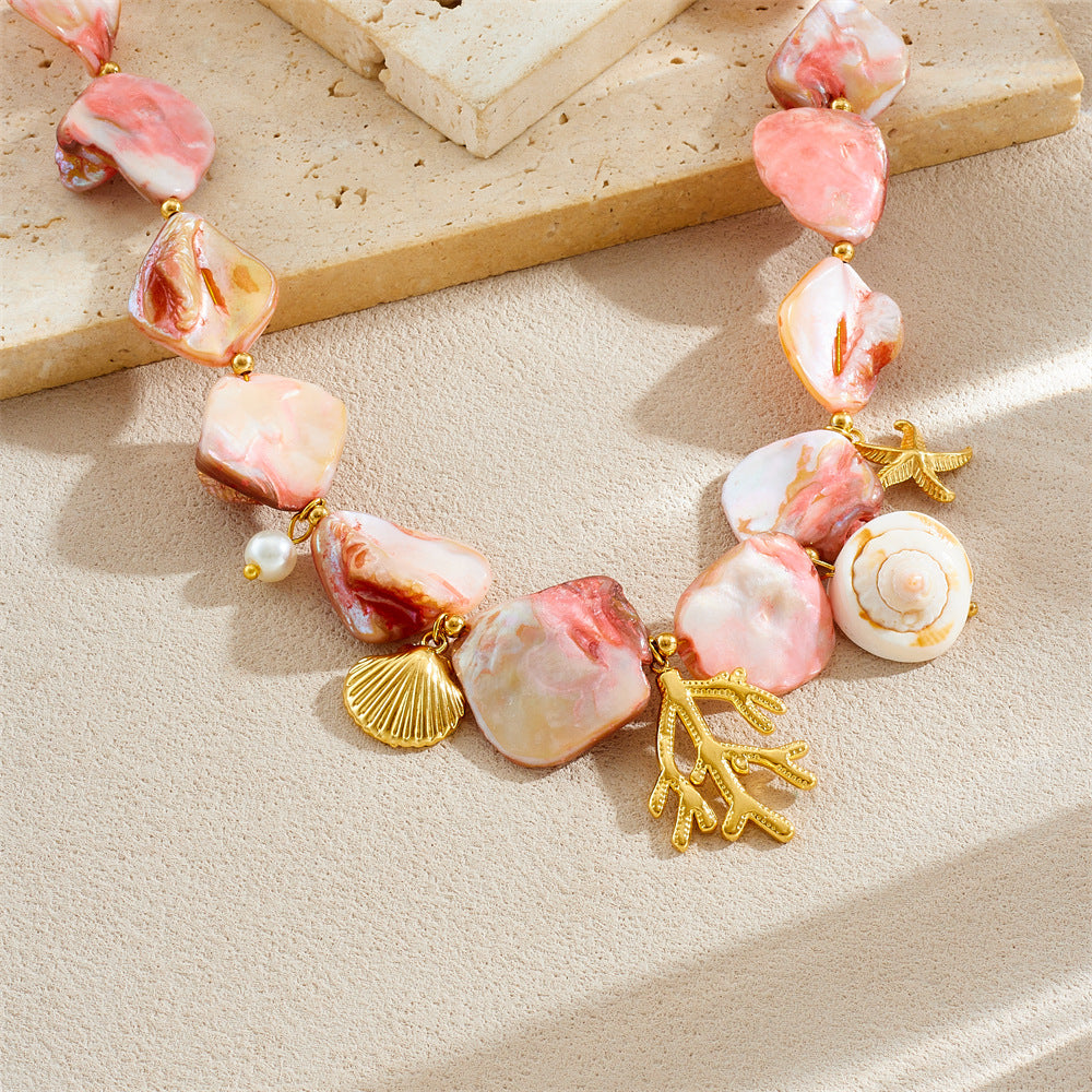 Fashion Gold Plated Stainless Steel Starfish Shell Coral Chain Jewelry Set for Women