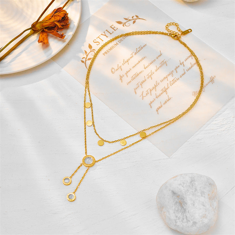 Minimalist Double-Layer Roman Round Pendant Titanium Steel Clavicle Necklace with Tassel Detail for Women