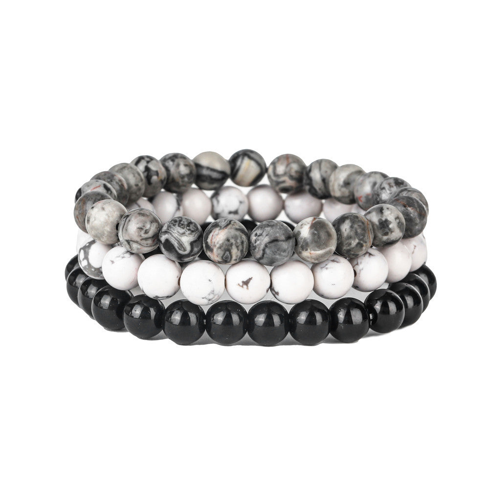 Bohemian Style Rose Quartz and Black Agate Beaded Stretch Bracelet Unisex Geometric Yoga Prayer Beads