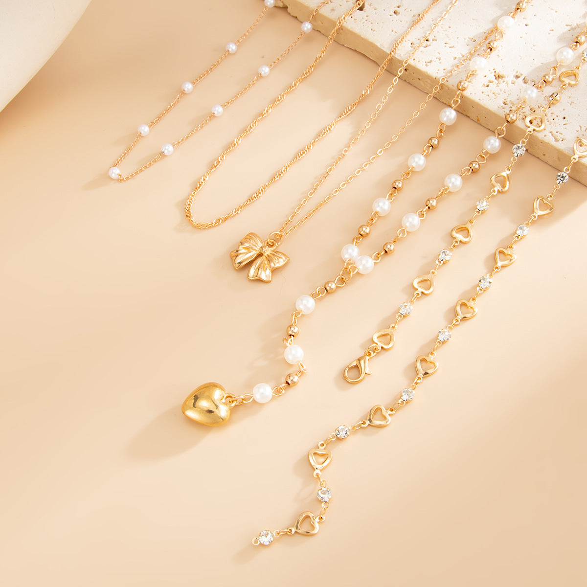 Sweet Heart Bowknot Faux Pearl Pendant Necklace Zinc Alloy Plated Y-Chain Jewelry for Women