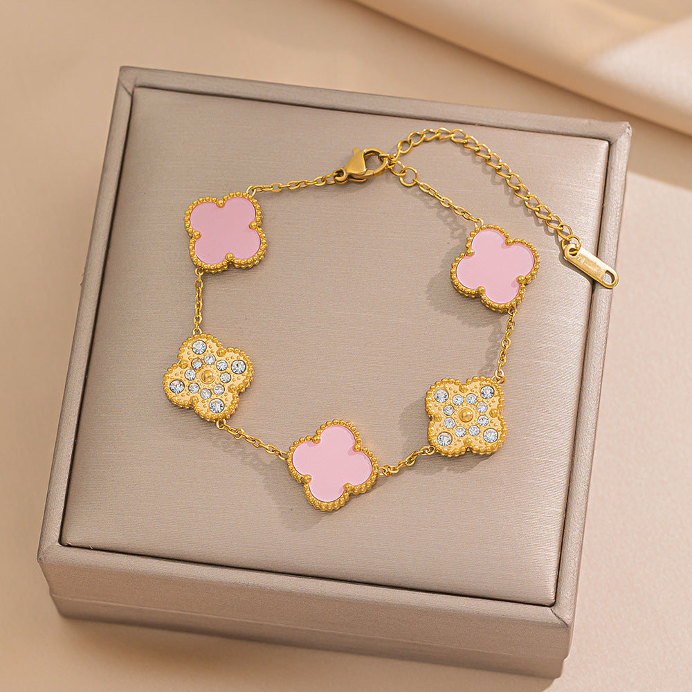 Elegant Four-Leaf Clover Bracelet in Titanium Steel with Rhinestone Inlay, Dual-Wear Design for Women and Men, Electroplated for Hypoallergenic Wear