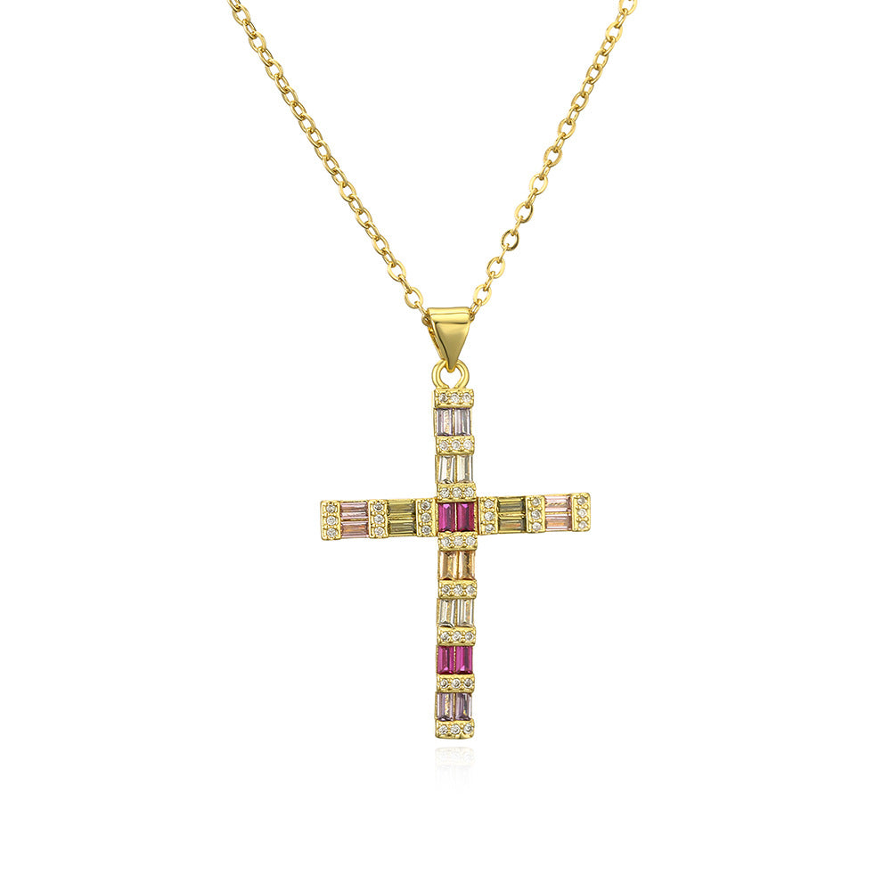 Collana con Pendente a Croce Minimalista da Donna con Base in Rame Placcata Oro 18K e Intarsio di Zirconi