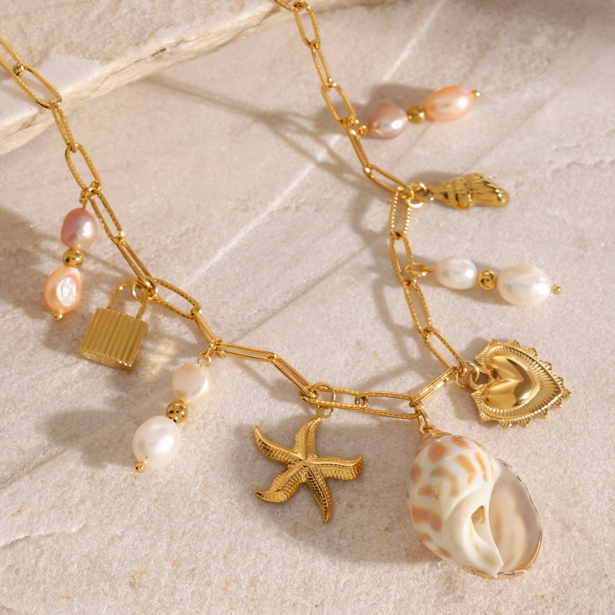 Sweet and Fresh Heart-Shaped Stainless Steel Pendant Necklace with Mother-of-Pearl Inlay, Seashell and Starfish Motifs, Adjustable Length