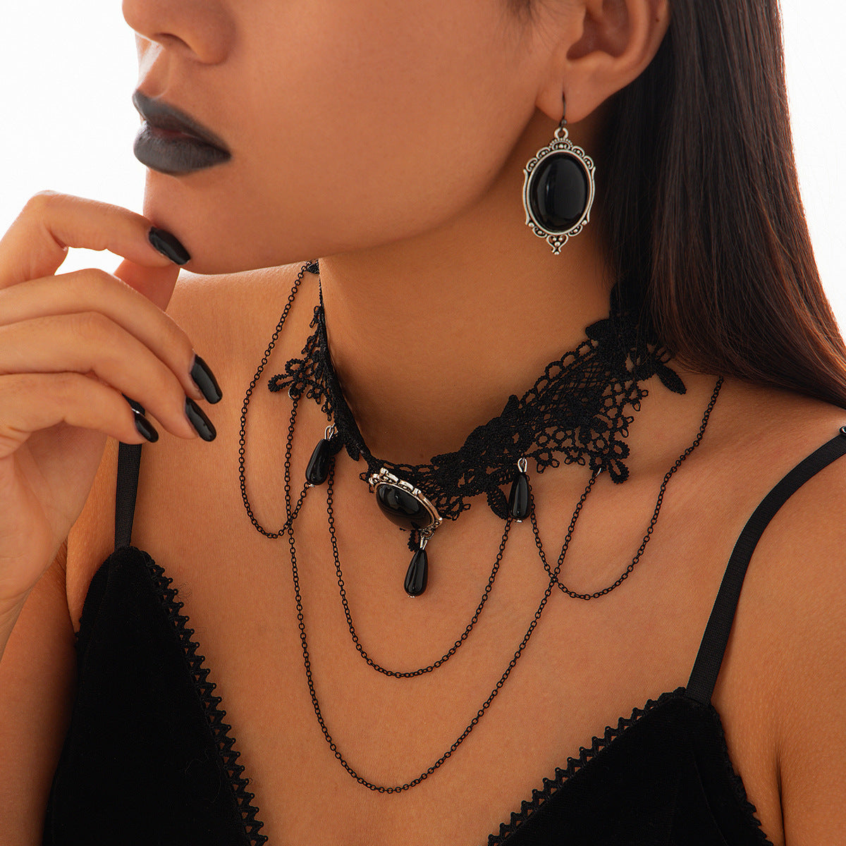 Gothic Moon Alloy Plated Necklace Set with Lace Tassel Choker for Women