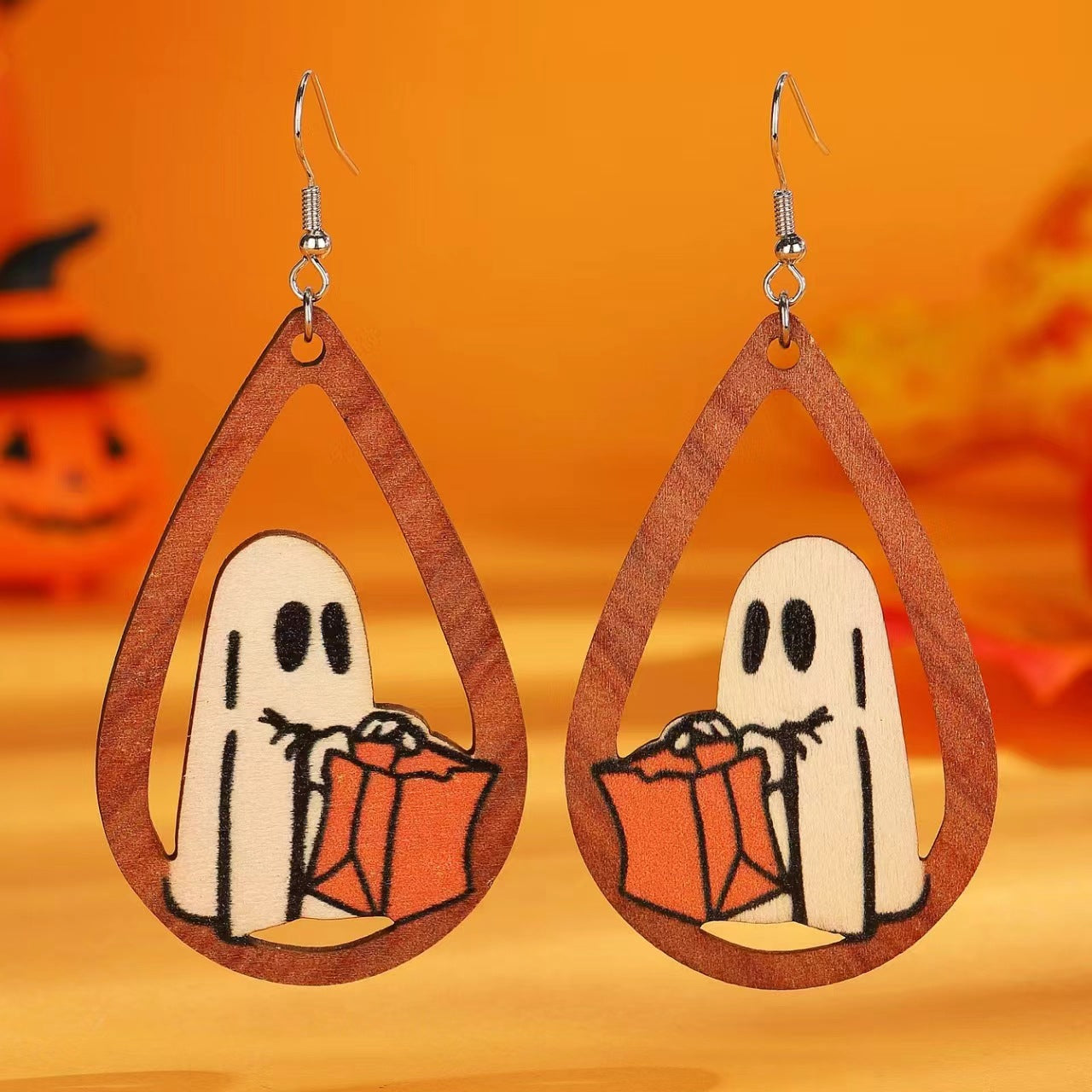 Pendientes colgantes triples de Halloween gótico con gato negro, fantasma y calabaza, con componentes de madera en forma de gota y acabado esmaltado para mujer