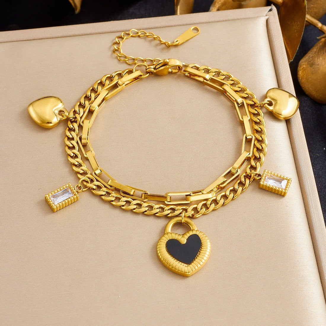 Luxury Gold Plated Stainless Steel Double Layer Chain Bracelet with Heart and Square Pendants for Women