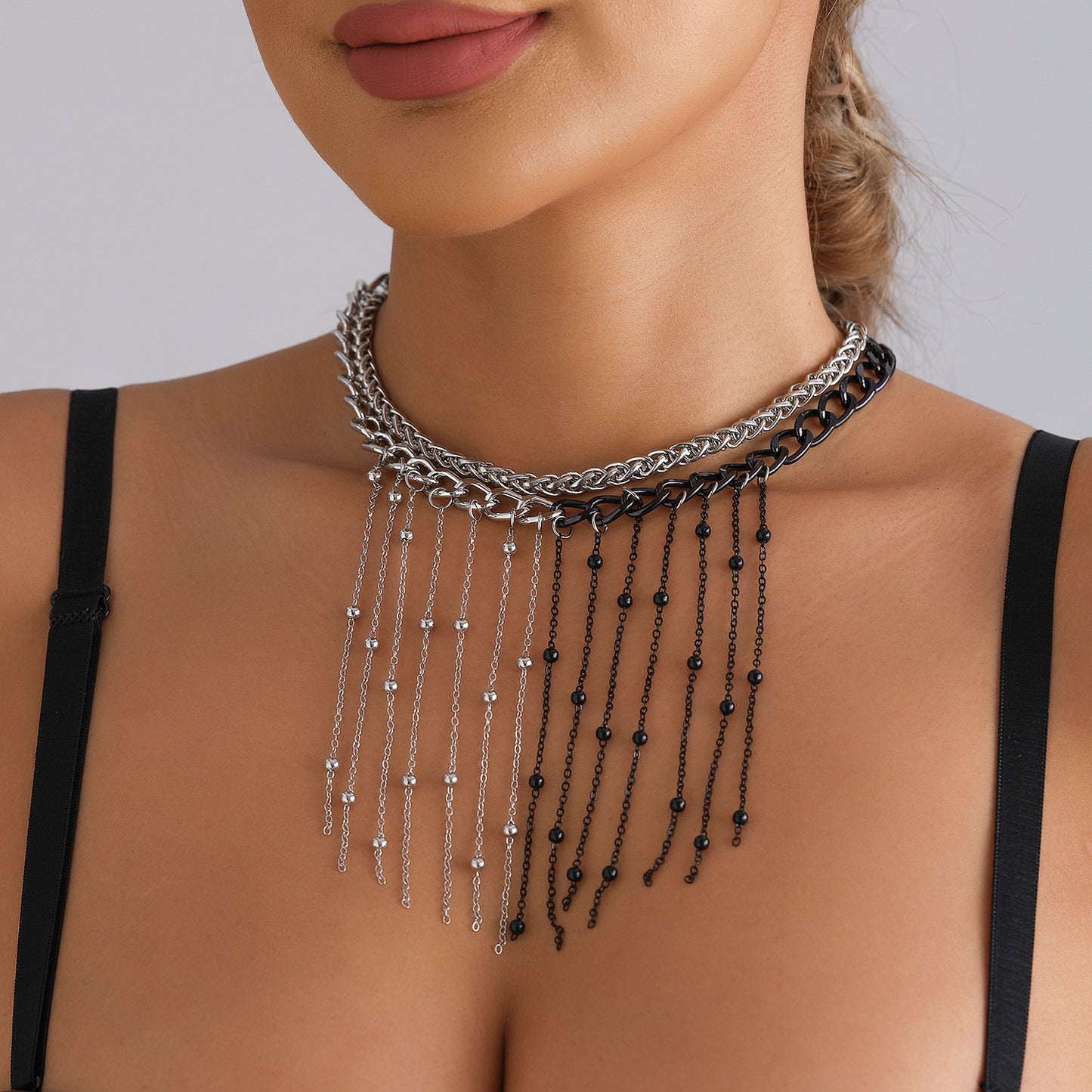 Dark Aesthetic Geometric Pendant Necklace with Tassel Detail for Women, Electroplated Metal Choker Style