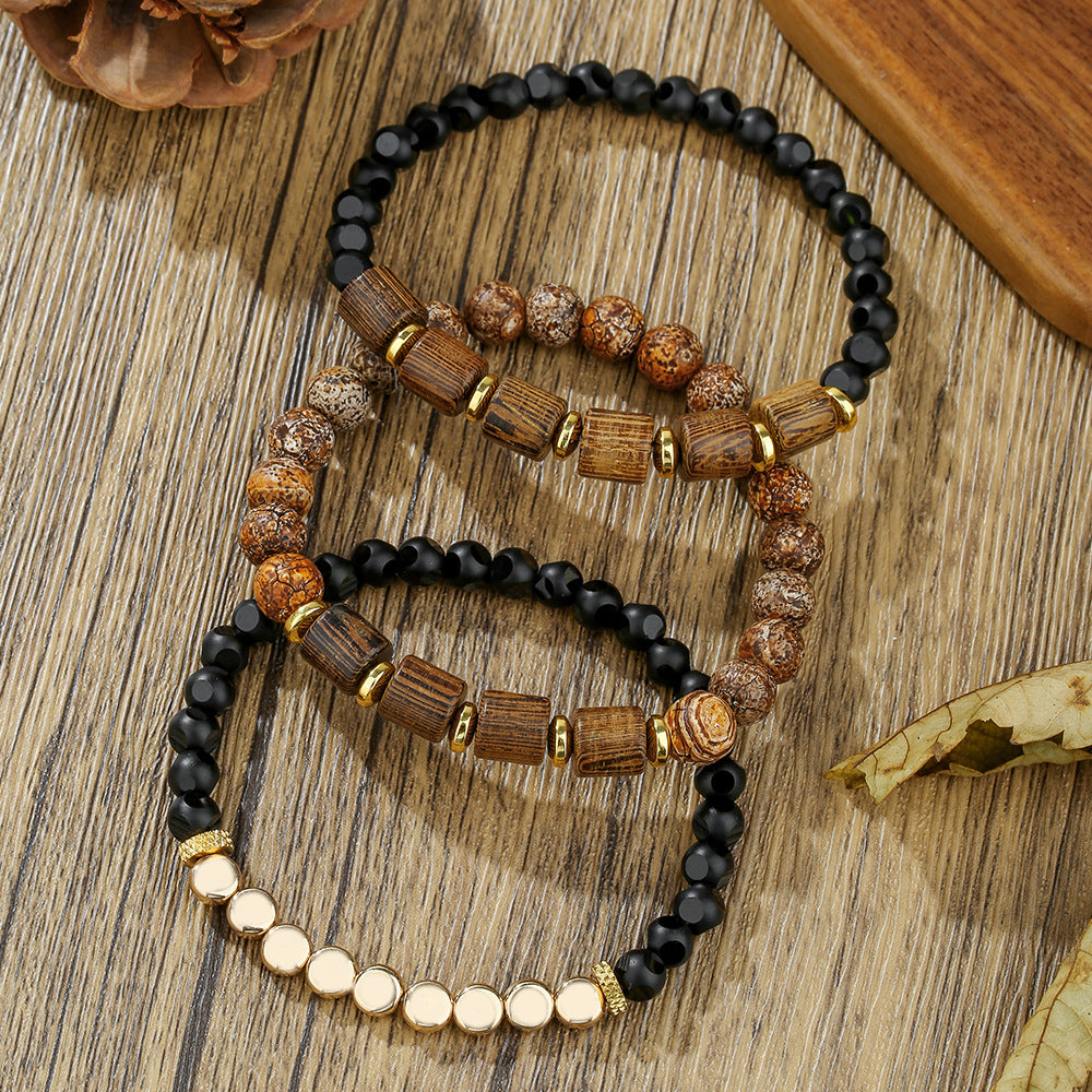 Hip-hop Men's Natural Tiger Eye Black Agate Wood Bead Stretch Bracelet Geometric Round Adjustable