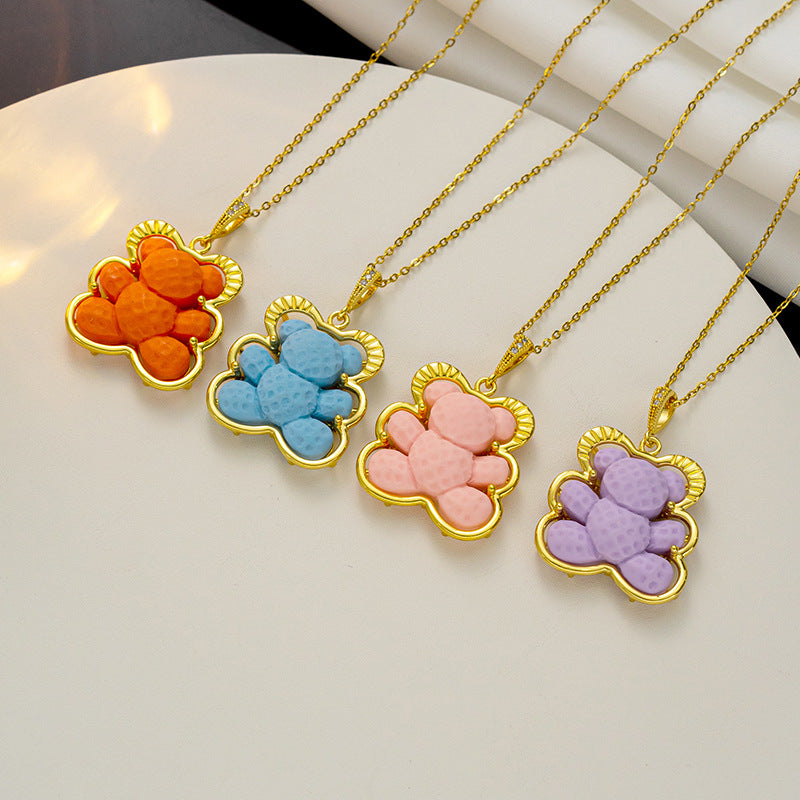 Cute Bear-Shaped Titanium Steel Plated Necklace for Women with O-Chain Minimalist Delicate Clavicle Chain