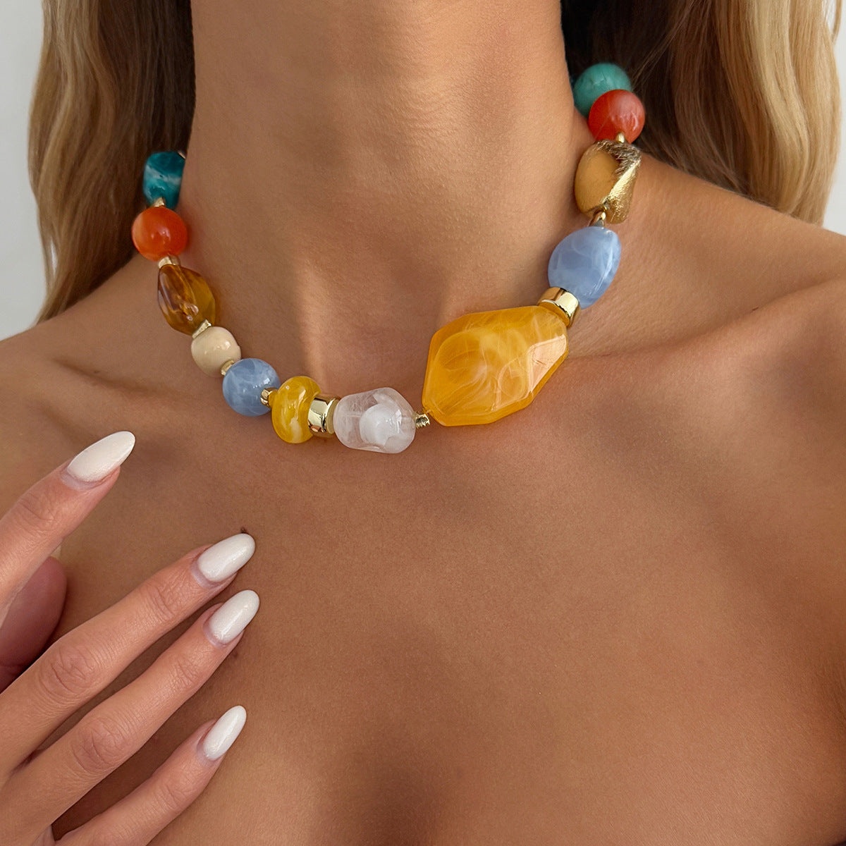 Vintage Geometric Oval Resin and Imitation Pearl Beaded Necklace for Women