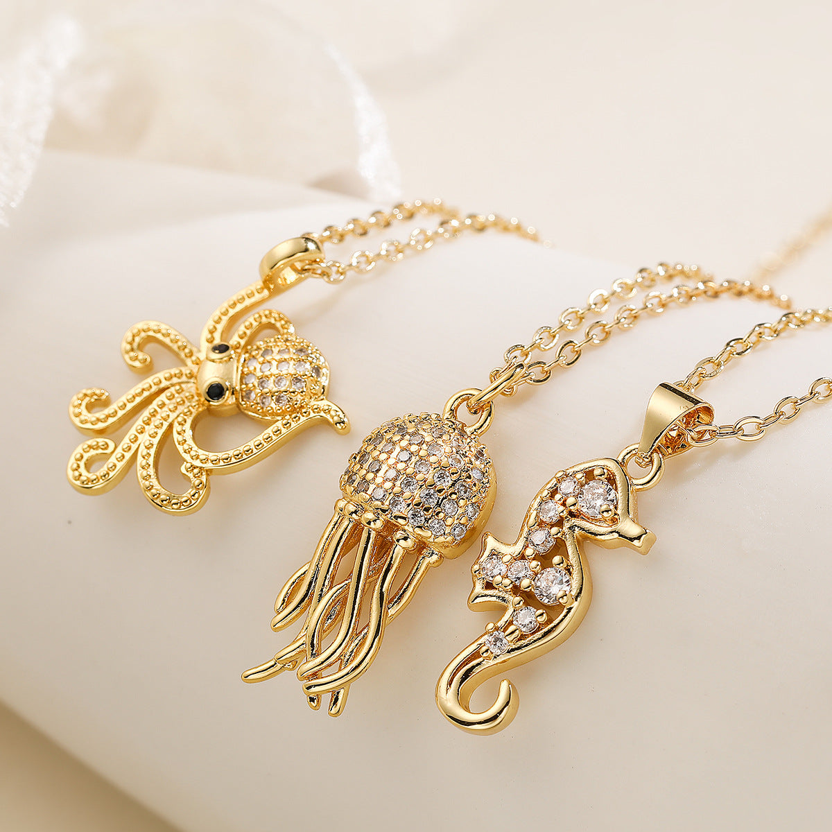 Minimalist Gold Plated Geometric Seahorse and Octopus Pendant Necklace for Women