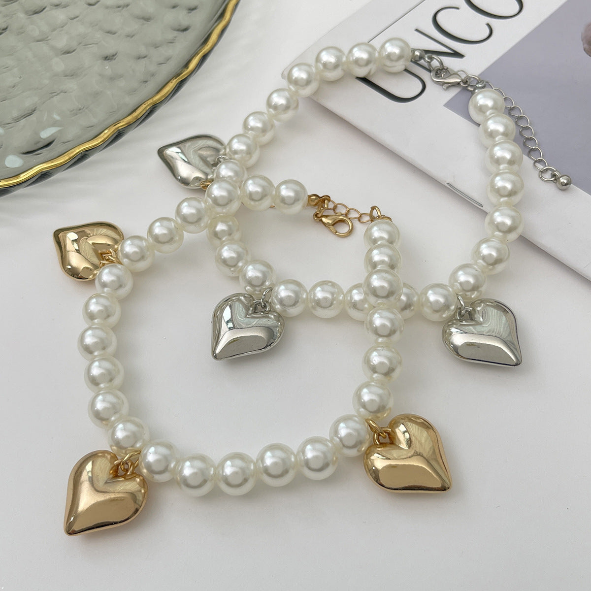 Elegant Heart Faux Pearl Beaded Anklet for Women