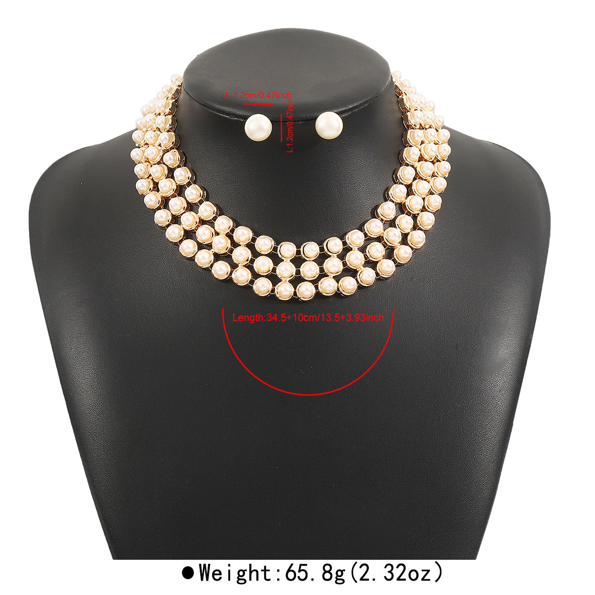 Collana girocollo e orecchini di lusso con perle e strass geometrici rotondi, con lavorazione a intarsio