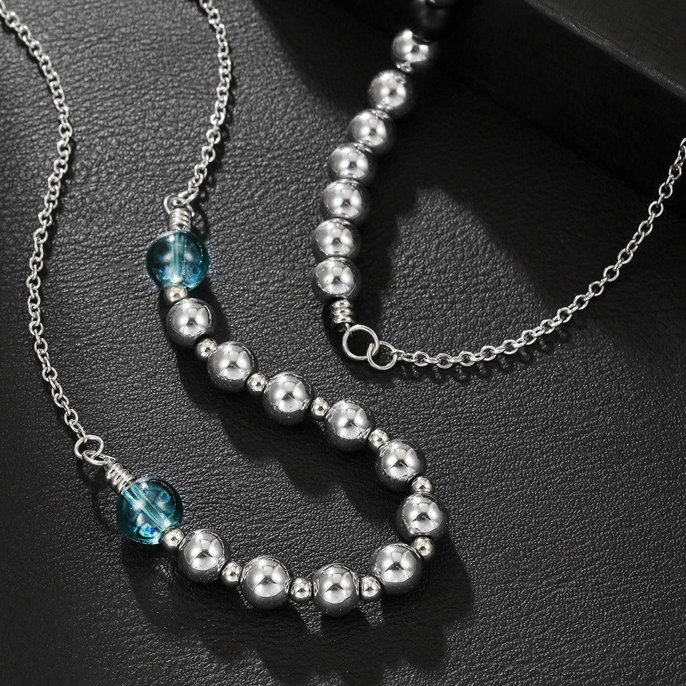 Minimalist Geometric Stainless Steel PVD Beaded Necklace with Black Agate and Crystal for Unisex