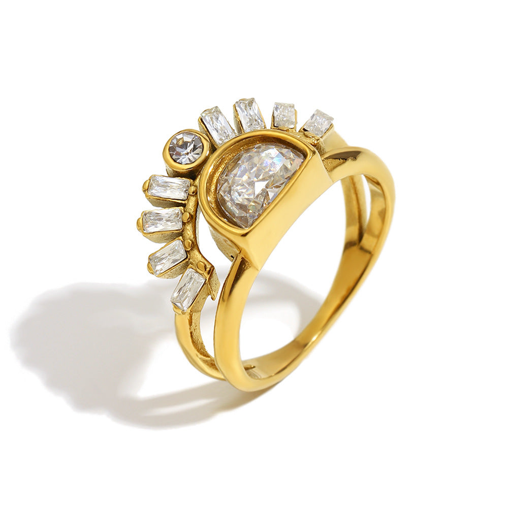 Minimalist Geometric Stainless Steel Plated 18K Gold Vintage Sun Double Layer Ring for Women