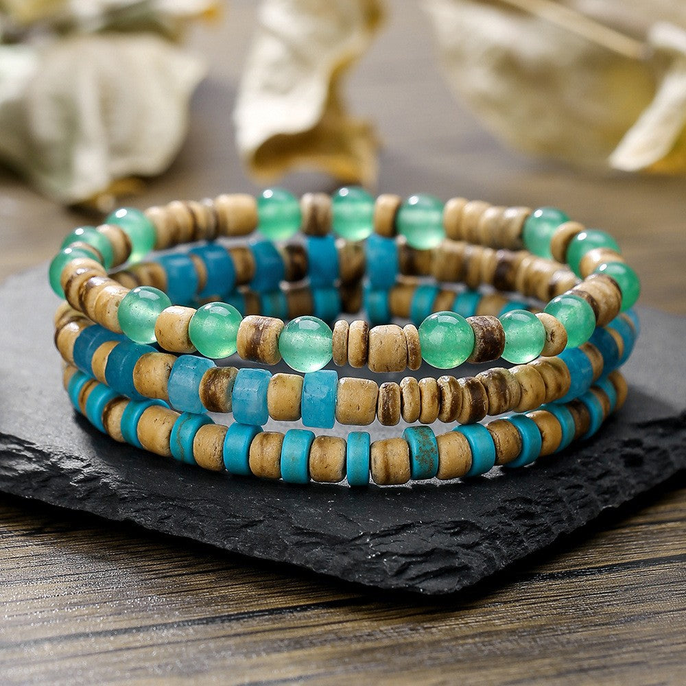 Minimalist Geometric Wood Turquoise Coconut Shell Beaded Bracelet Handmade Unisex Jewelry