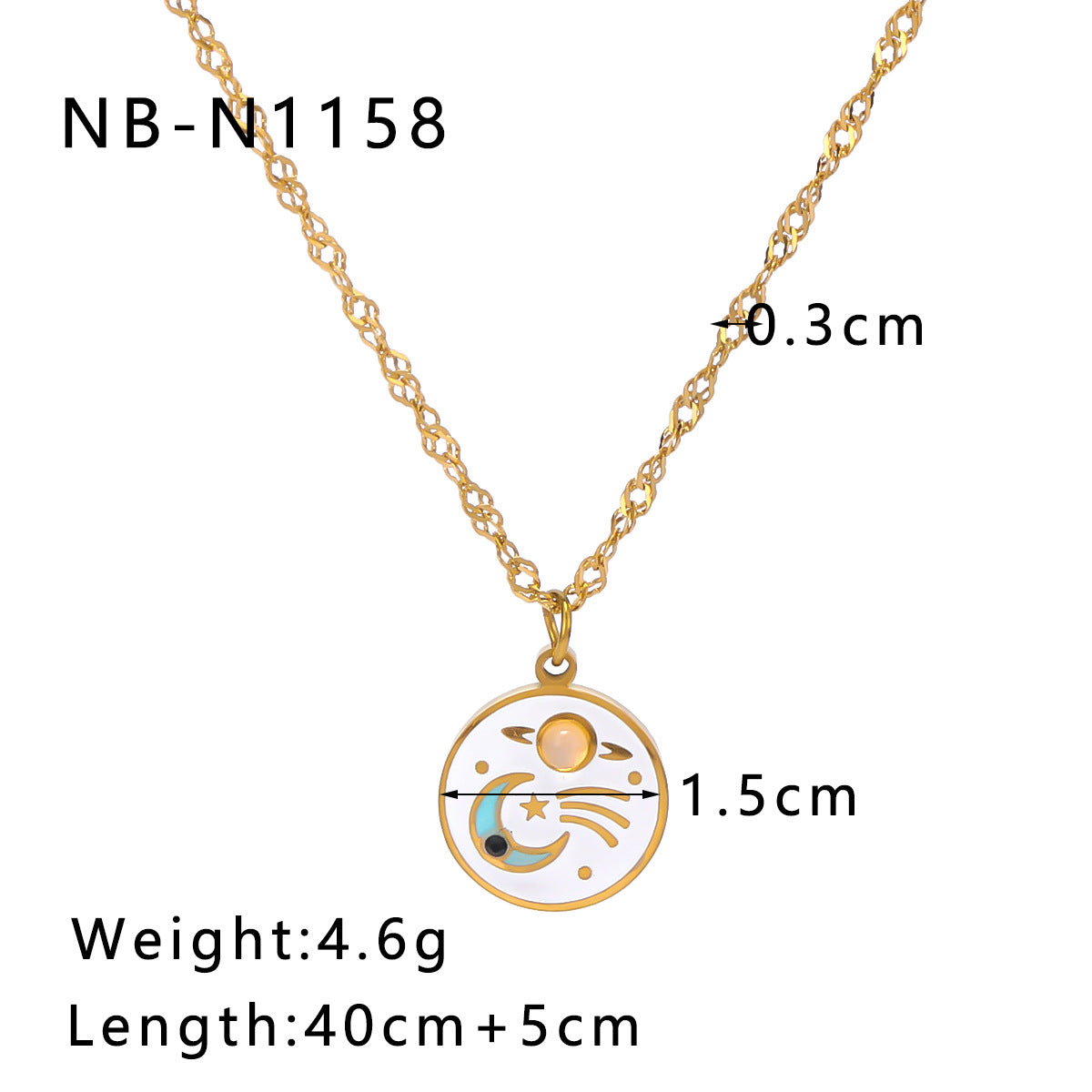 Vintage Stainless Steel Enamel-Painted Star and Moon Pendant Necklace with Cat's Eye Inlay for Women
