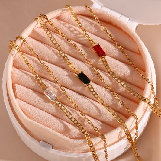 Minimalist Luxury Double-Layer Pig Nose Wave Bracelet in Stainless Steel with 18K Gold Plating and Rectangular Zirconia Accents