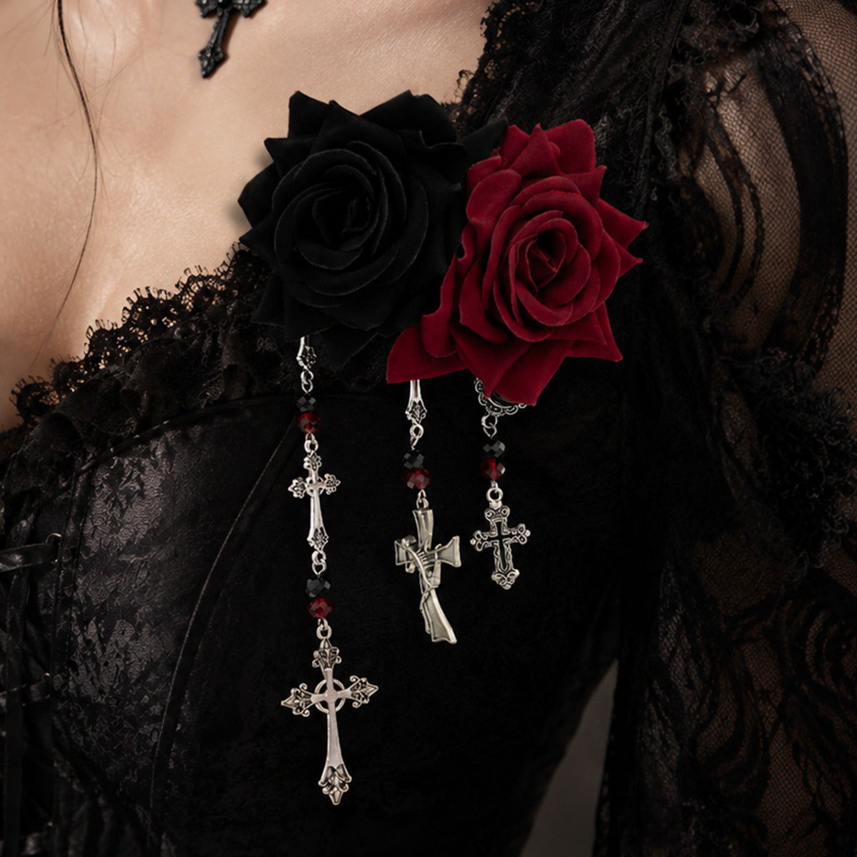 Gothic Vintage Zinc Alloy Plated Cross Heart Rose Brooch Pin for Women