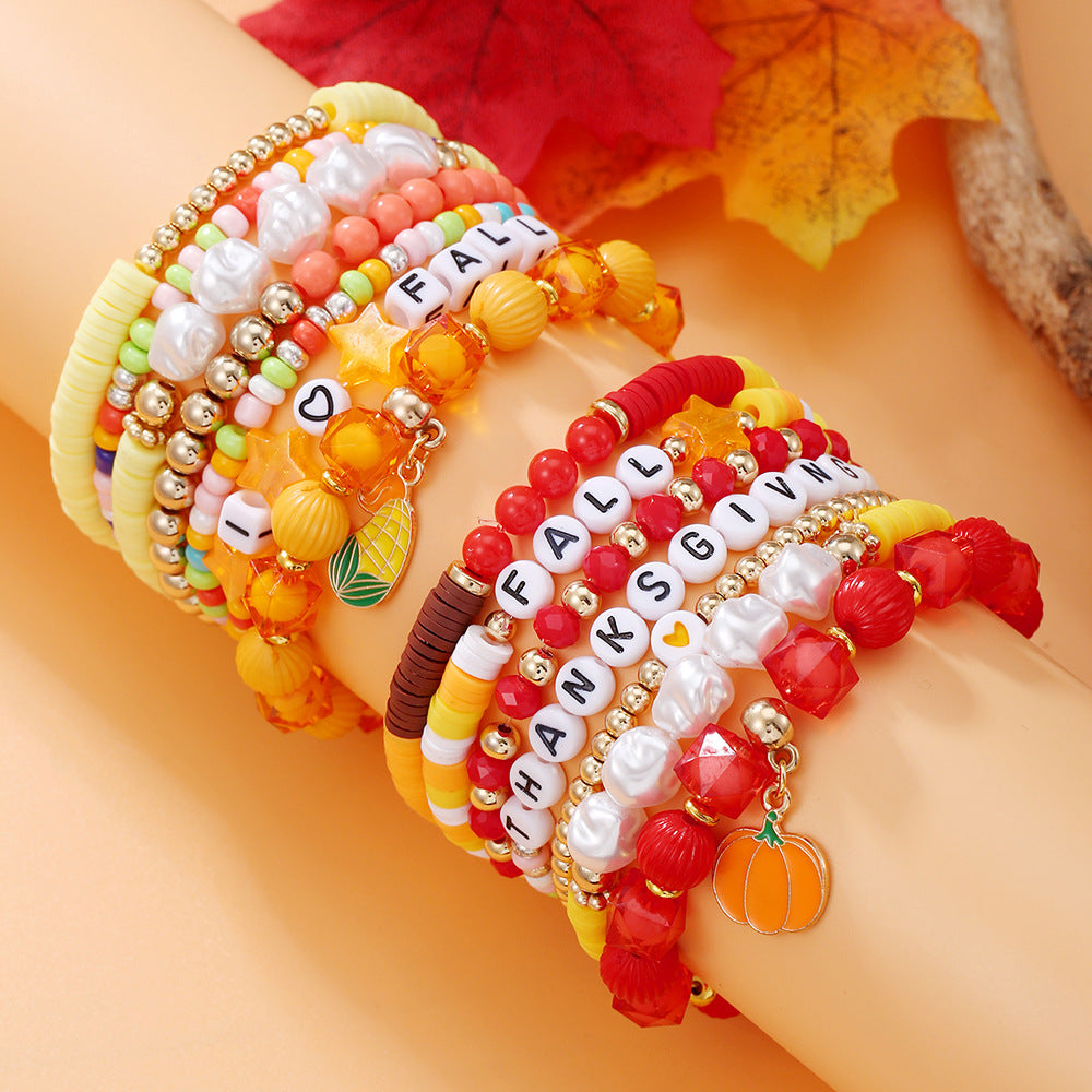 Geometric Resin Brass Acrylic Bracelet Set with Turkey Maple Leaf Pumpkin Letter Charms