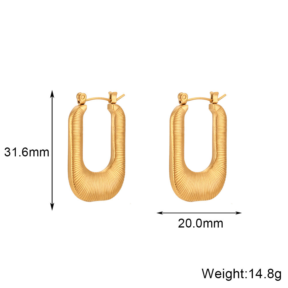 Minimalist Geometric Stainless Steel Plated 18K Gold Tone Hoop Earrings for Women with Striped Texture
