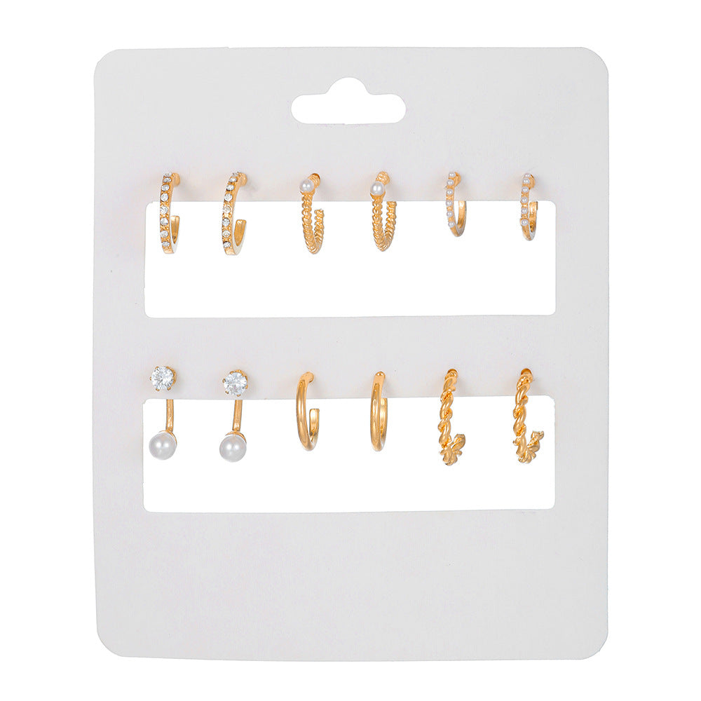 Minimalist Sweet Geometric Round Rhinestone Inlay Alloy C-Shape Earrings for Women