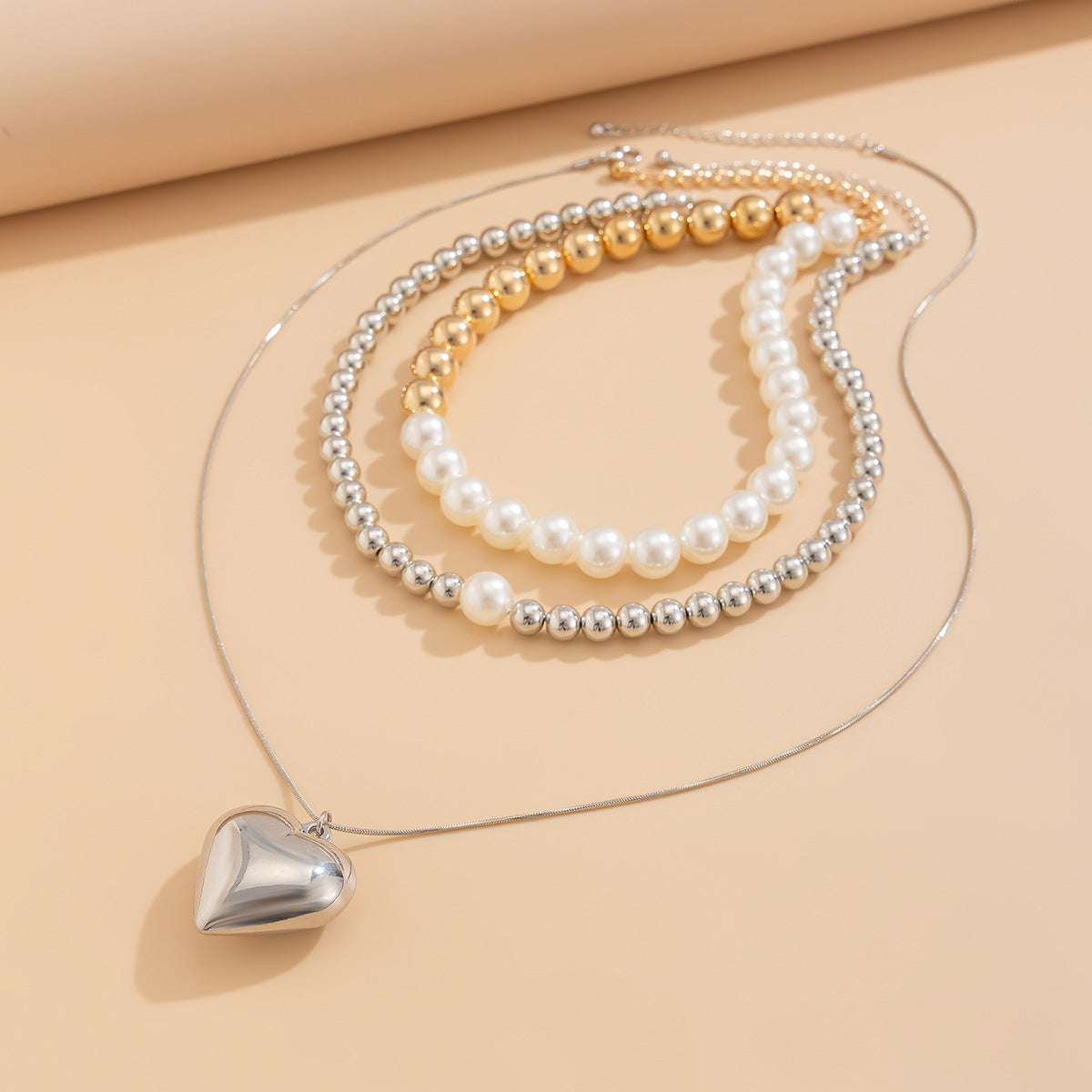 Elegant Heart Pendant Imitation Pearl Ball Chain Necklace Set for Women