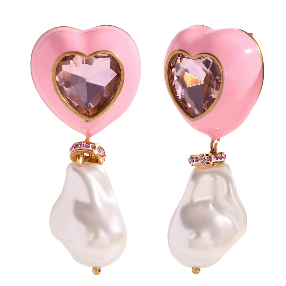 Fashionable Heart-Shaped Stainless Steel Earrings with 18K Gold Plating and Enamel Finish for Women