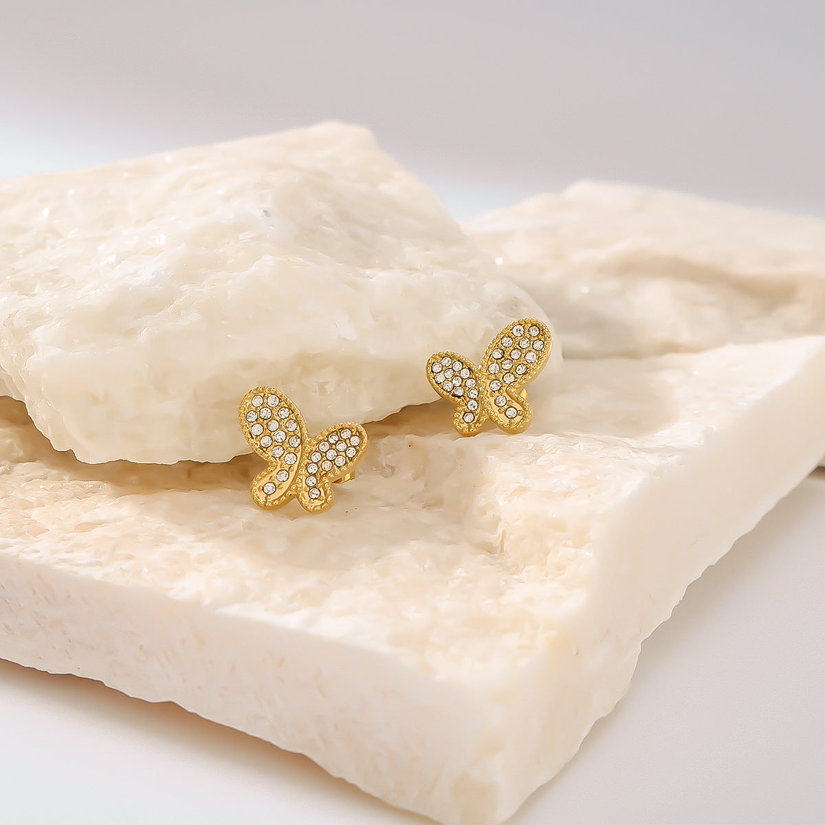 Minimalist Butterfly-Shaped Stainless Steel Earrings with Rhinestone Inlay Asymmetrical Design Hypoallergenic 18K Gold Plated