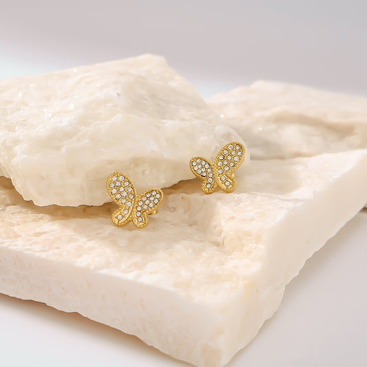 Minimalist Butterfly-Shaped Stainless Steel Earrings with Rhinestone Inlay Asymmetrical Design Hypoallergenic 18K Gold Plated