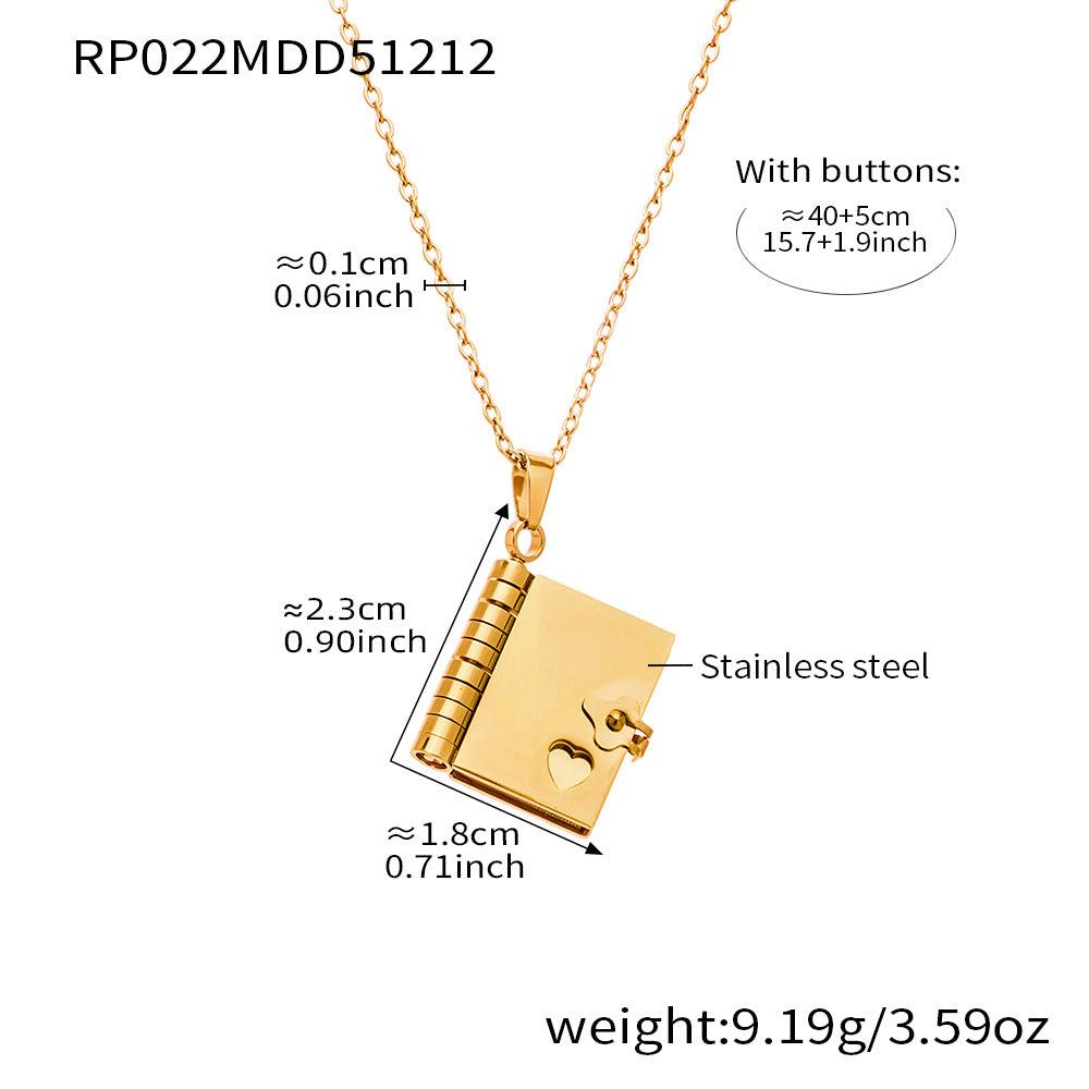Minimalist 18K Gold Plated Geometric Book Pendant Stainless Steel Necklace for Women