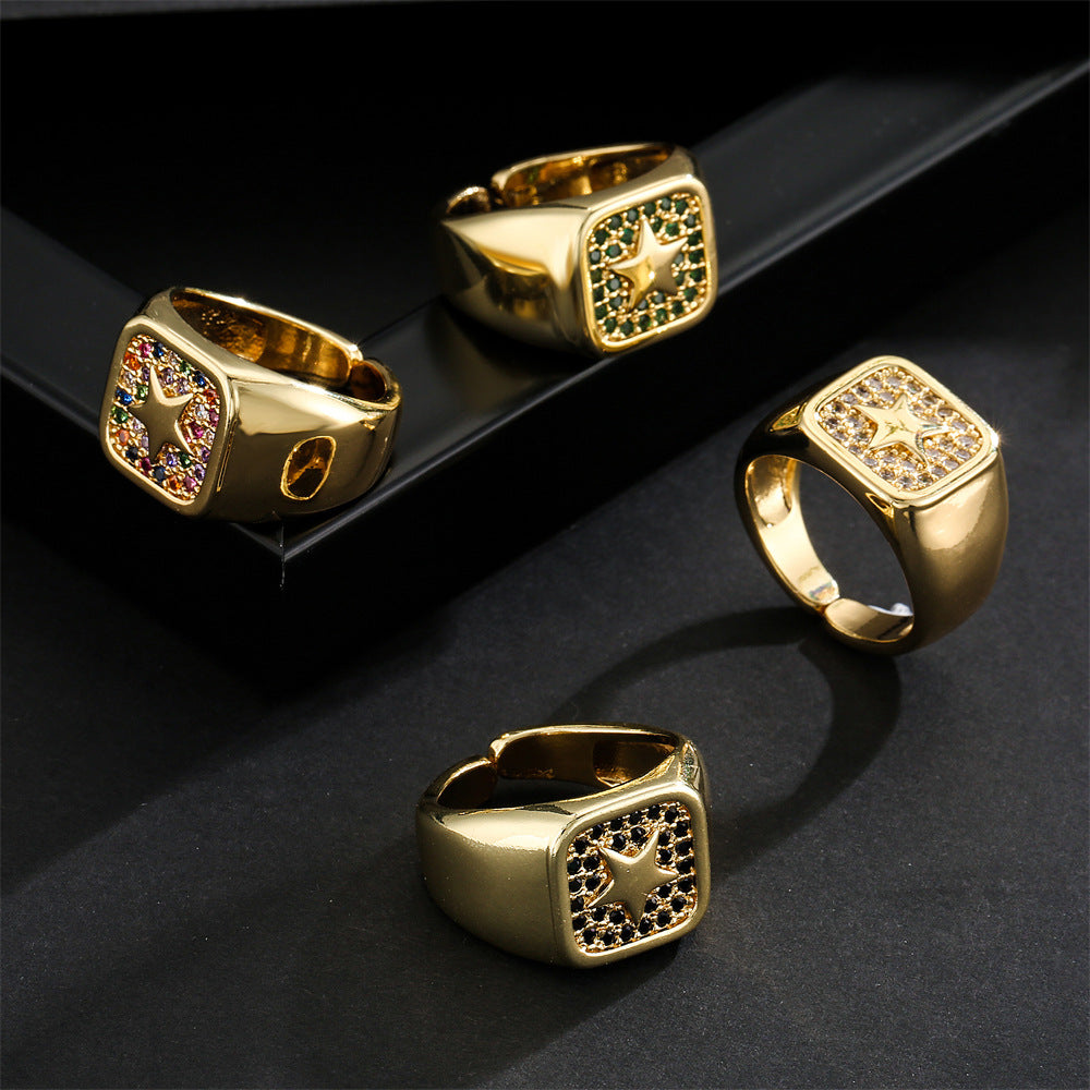 Punk Style Geometric Star-Shaped Copper Ring with 18K Gold Plating and Micro-Pave Zirconia