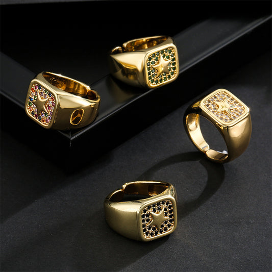 Anello in rame a forma di stella geometrica stile punk con placcatura in oro 18 carati e zirconi micro-pavé