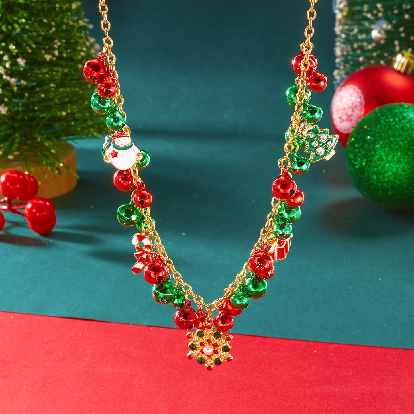Christmas-Themed Pendant Necklace with Bell and Reindeer Charms, Zinc Alloy, Electroplated, Unisex Holiday Choker