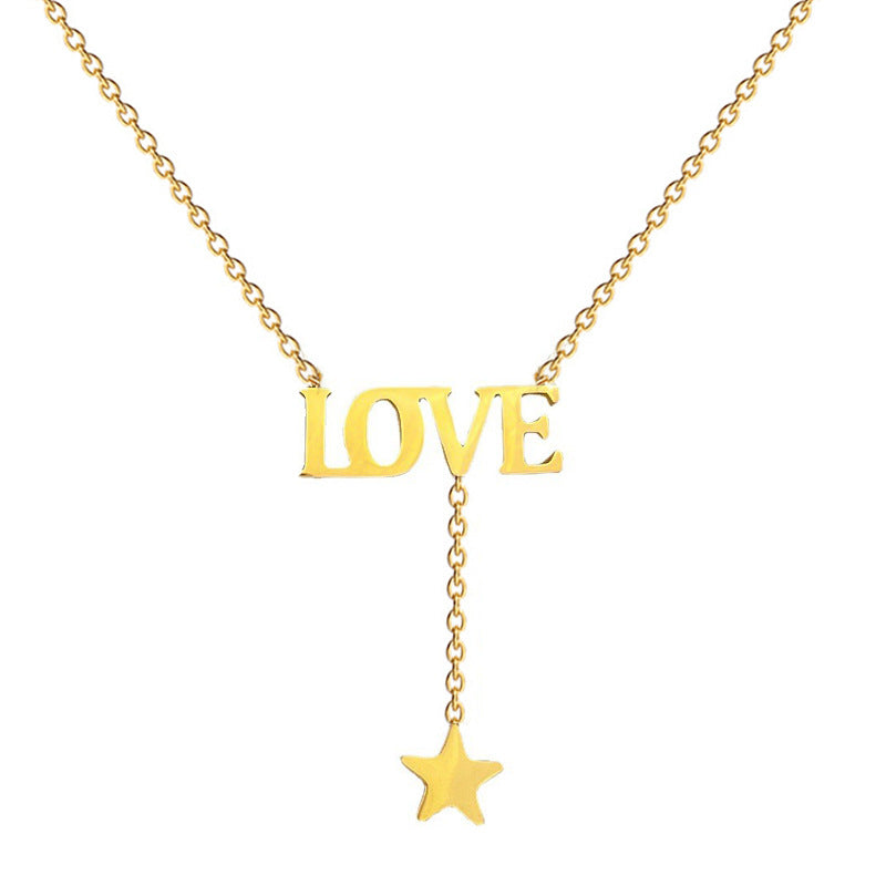 Minimalist Titanium Steel LOVE Star Pendant Necklace for Women Geometric Locket Chain Fashionable Casual Jewelry