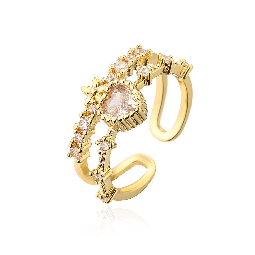 Elegante Anello a Cuore Aperto Geometrico da Donna in Rame con Placcatura in Oro 18K e Intarsio di Zirconi