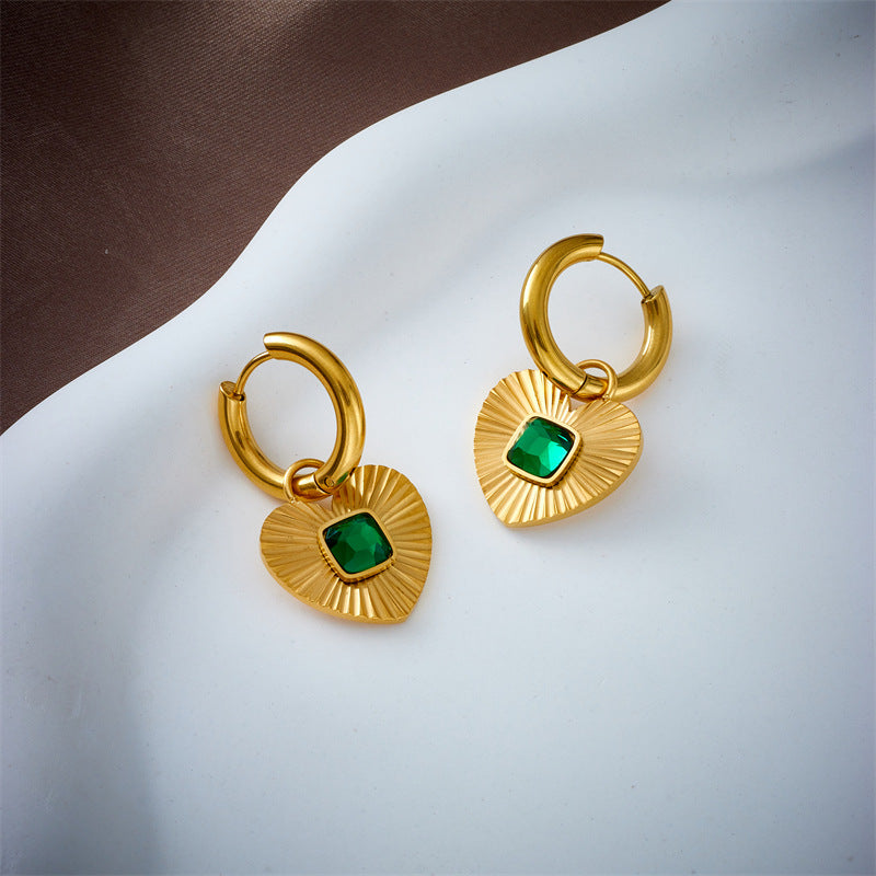 Vintage Heart-Shaped Rhinestone-Inlaid Stainless Steel Gold-Plated Hoop Earrings