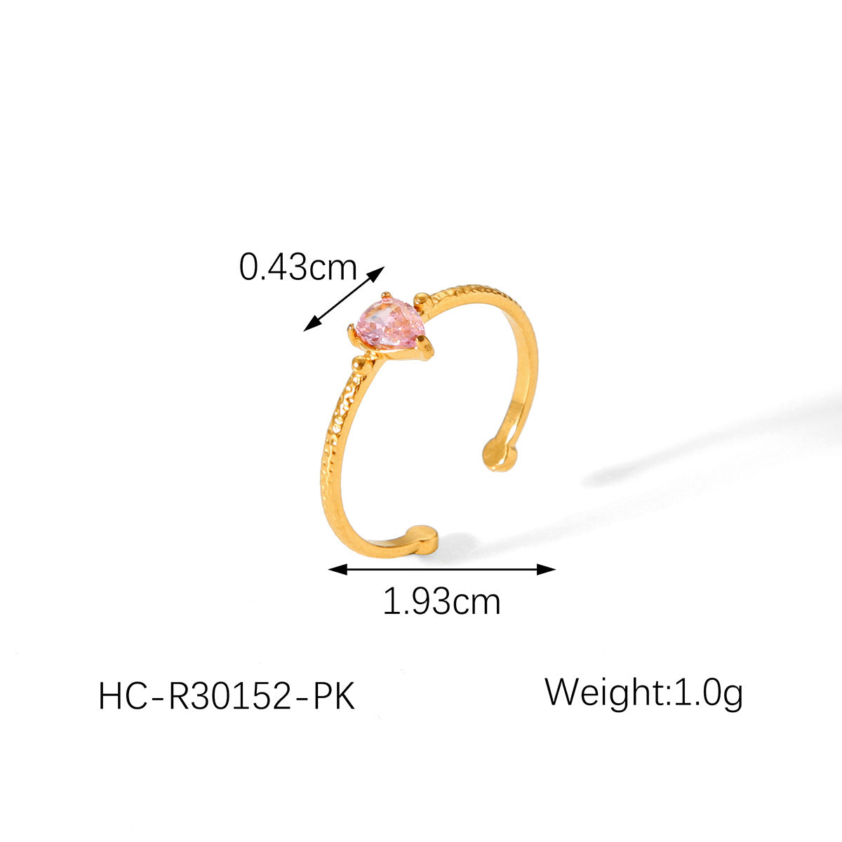 Vintage French Light Luxury 18K Gold Plated Stainless Steel Zircon Waterdrop Hammered Texture Open Ring for Women