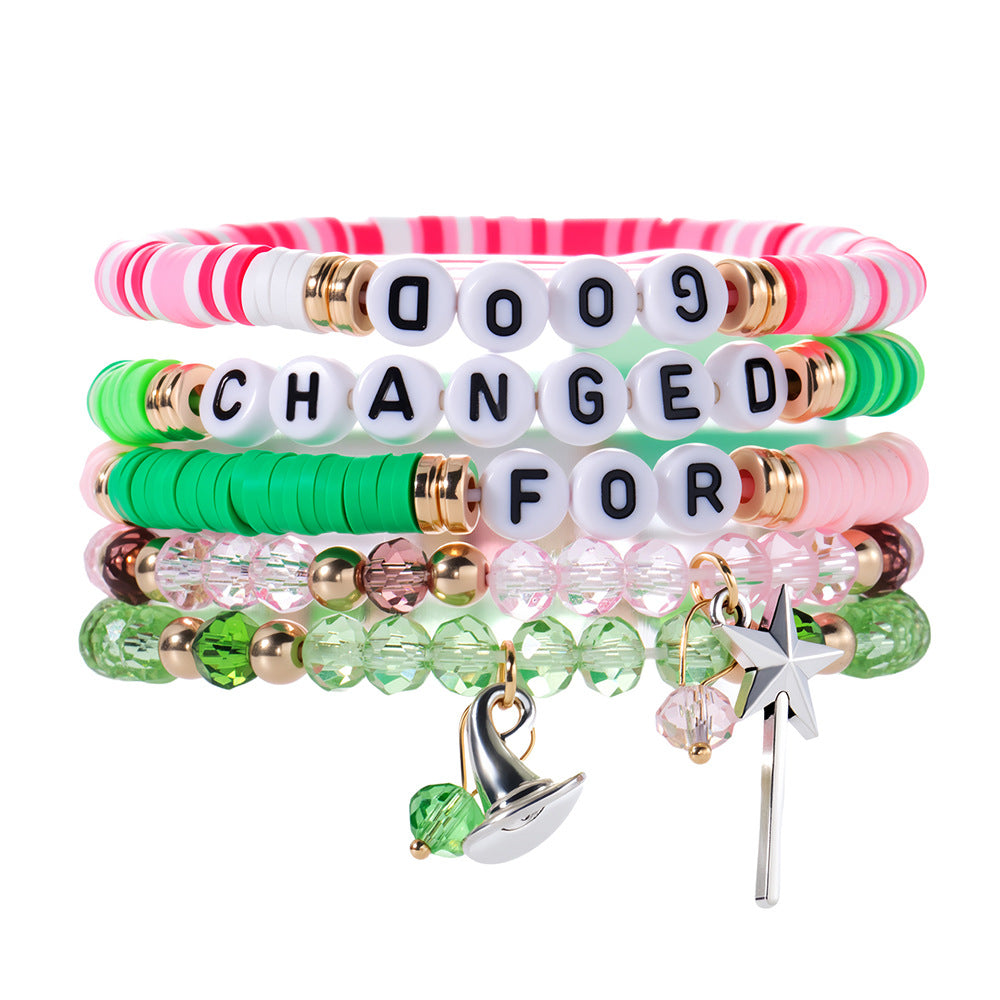 Casual Handmade Polymer Clay and Acrylic Letter Bead Stretch Bracelet